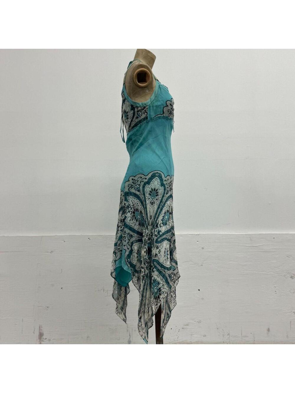 Vintage Y2K Blue Cocoon Beaded Mulberry Silk Handkerchief Fairy Dress - Picture 4 of 8